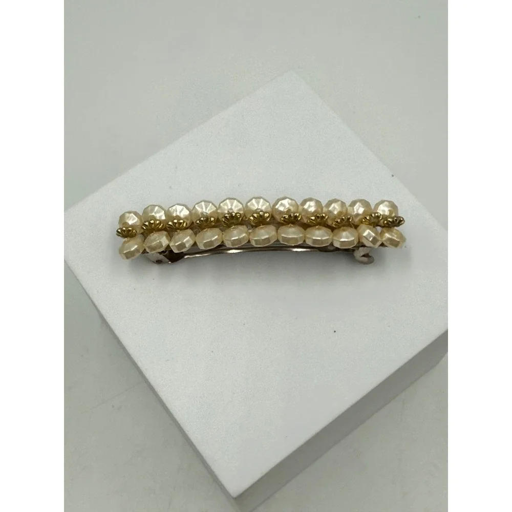 Vintage Faux Pearl Beaded Hair‎ Barrette Cream Gold Tone French Clip Accessory